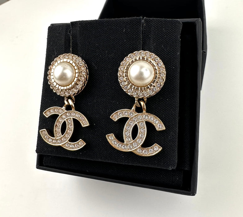 Chanel Pearl White Gold Crystal Earrings