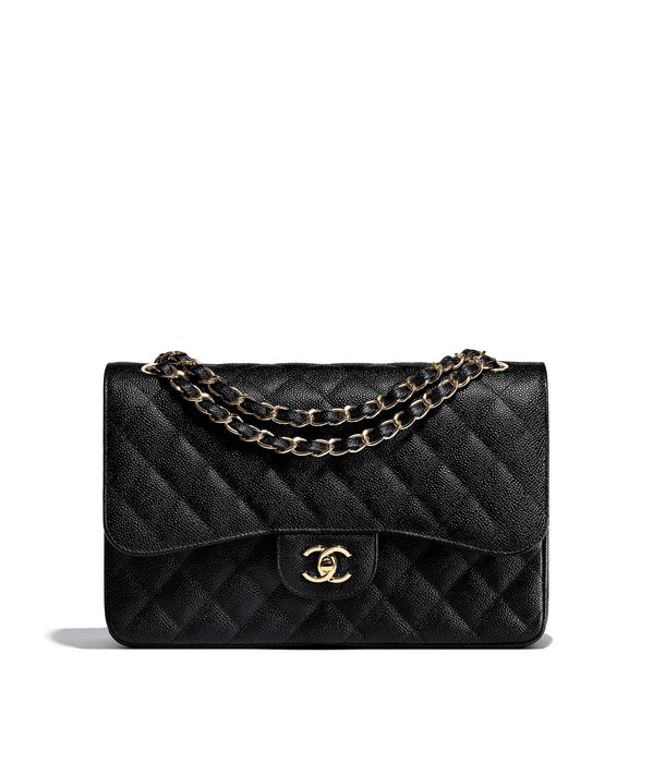 Chanel Large Classic Handbag in Black Grained Calfskin and Gold-Tone Metal