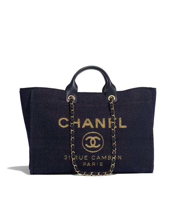 Chanel Large Denim Shopping Tote with Metallic Gold 