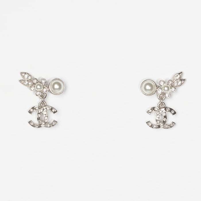 Chanel Pearly White and Crystal Silver Earrings