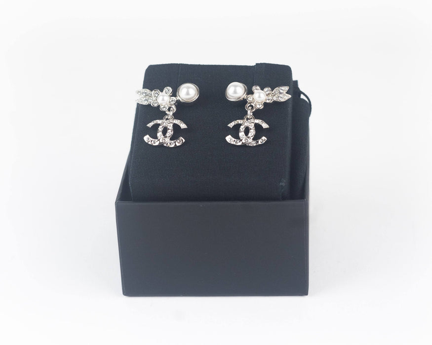 Chanel Pearly White and Crystal Silver Earrings
