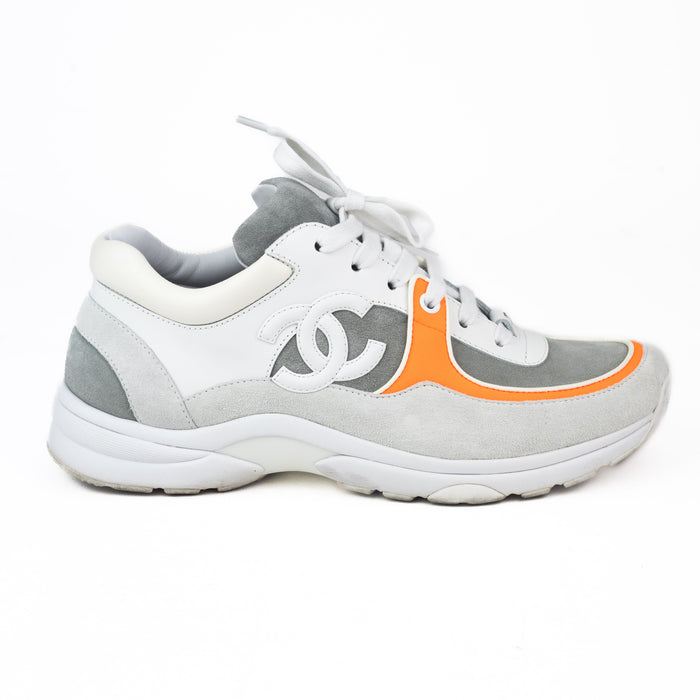 Chanel White, Grey, and Orange Sneakers in Calfskin and Fabric