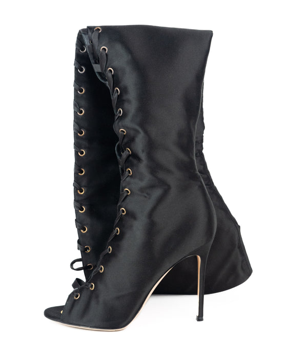 Gianvito Rossi Marie Lace Up Satin Over the Knee Boots