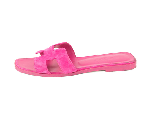 Hermes Leather and Suede Oran Sandals in Fuchsia