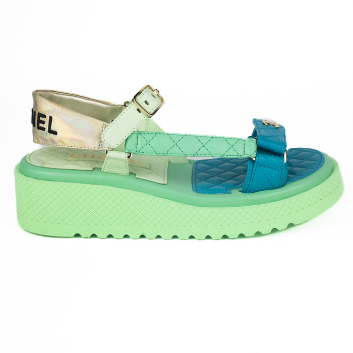 Chanel Laminated Lambskin Turquoise Green Gold and Light Gray Sandals