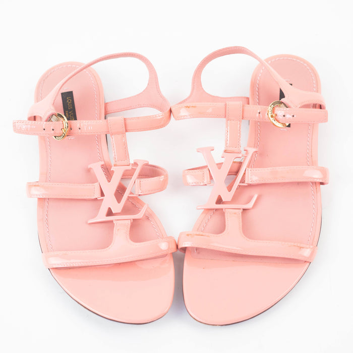 Louis Vuitton Pink Patent Leather Logo Detail Flat Sandals