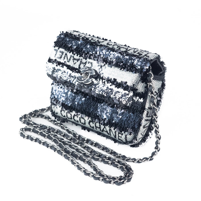 Chanel Clutch with Chain in Black White and Silver SequinChanel Clutch with Chain in Black White and Silver Sequin