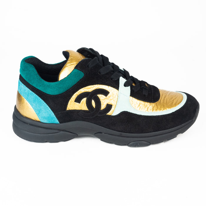 Chanel Turquoise Gold and Black Calfskin Cross Trainers