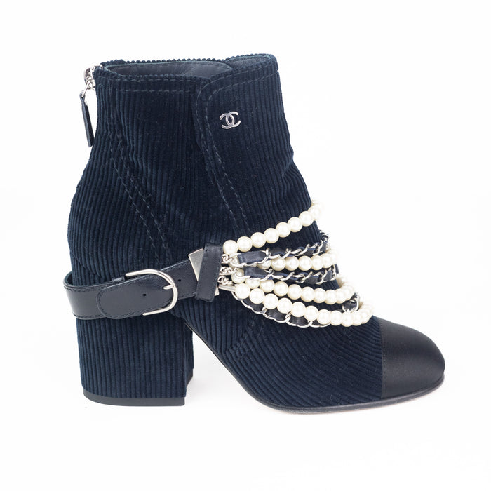 Chanel Corduroy Pearl Embellished Boots in Navy Blue