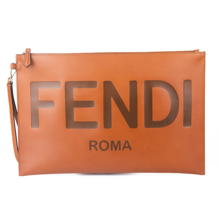 Fendi Large Flat Pouch in Smooth Brown Leather