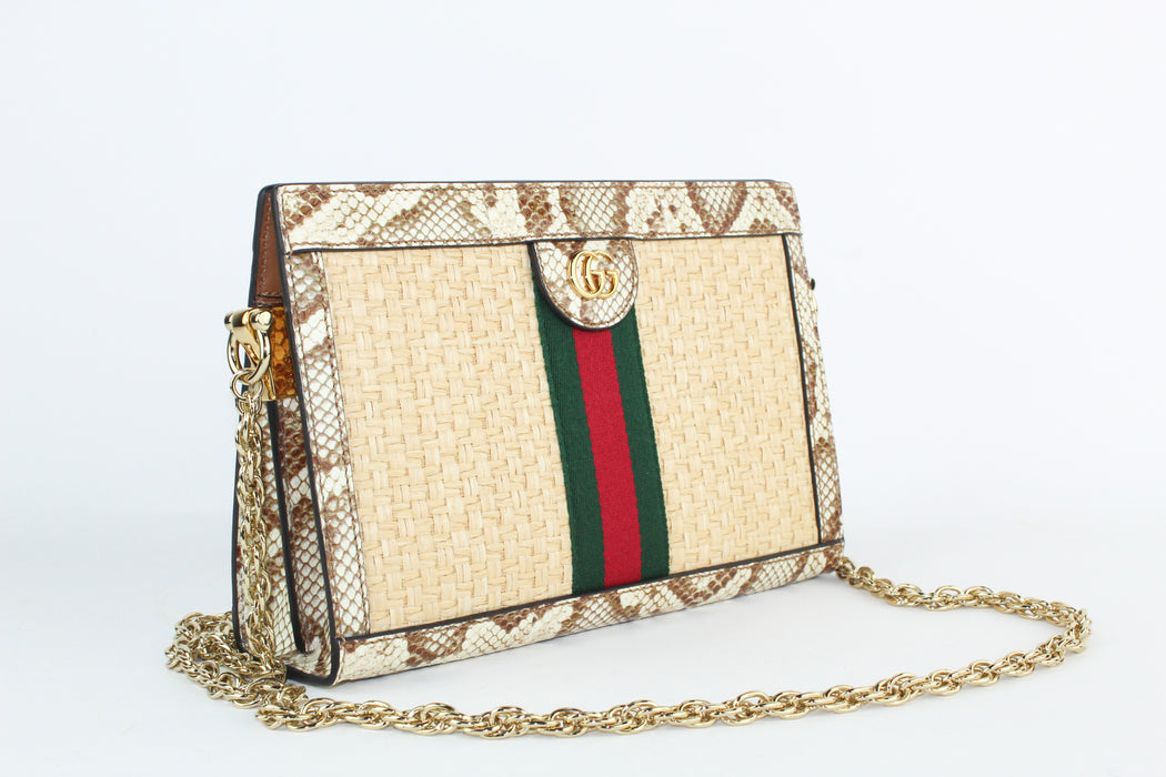 Gucci Straw and Snakeskin Ophidia Chain Bag