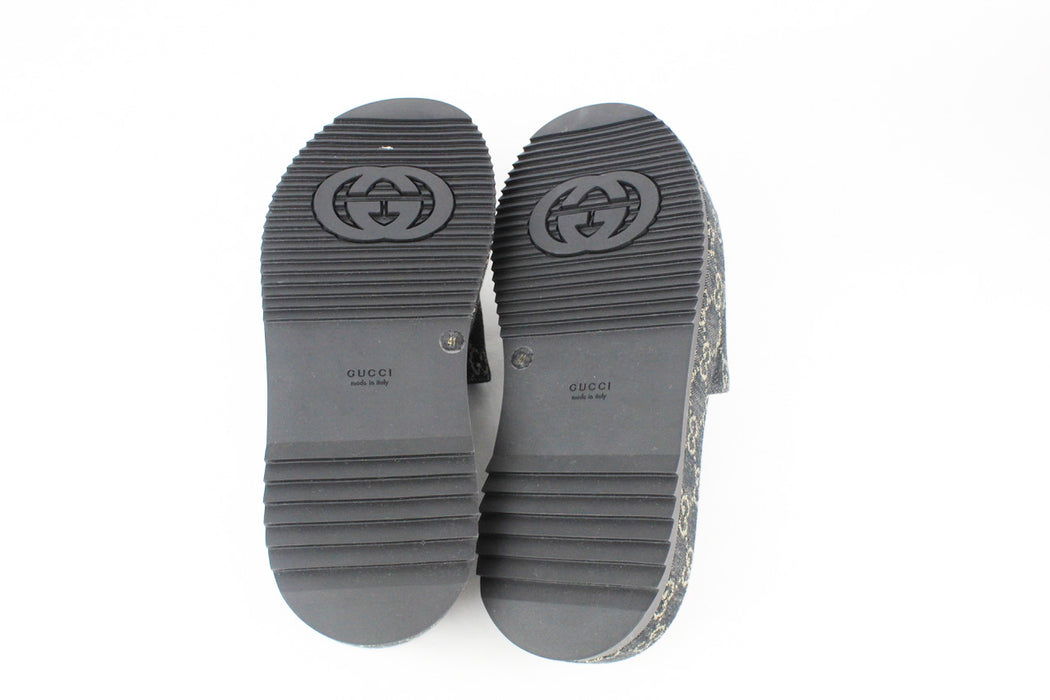 Gucci Platform Slide Sandal in Black and Ivory GG Denim