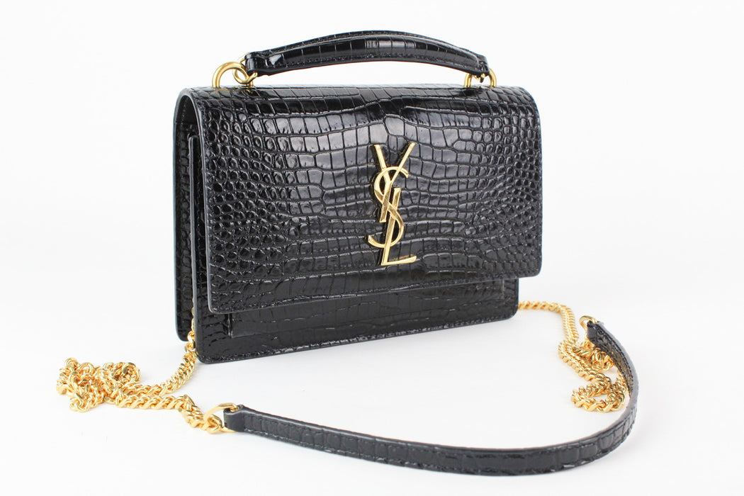 Saint Laurent Sunset Chain Wallet in Croc-Embossed Shiny Black Leather