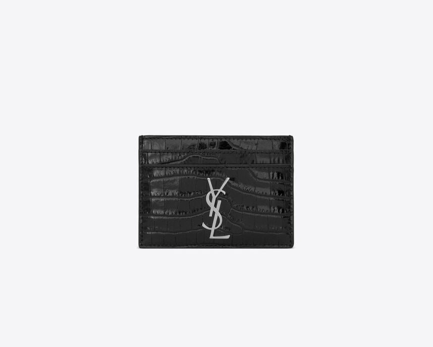 Saint Laurent Monogram Card Case Croc Embossed Shiny Leather