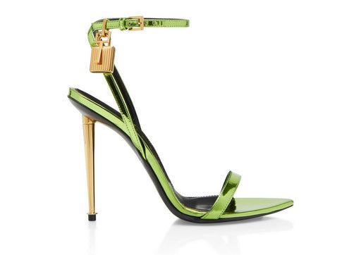 Tom Ford Mirrored Leather Padlock Pointy Naked Sandal in Acid Green
