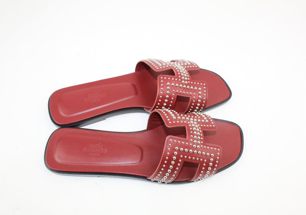 Hermes Red Studded Oran Sandals