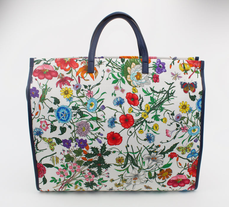 GUCCI FLORA LARGE LEATHER TRIMMED PRINTED CANVAS TOTE — LSC INC