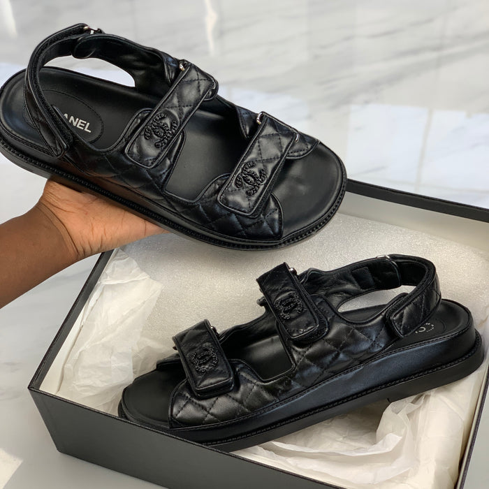 Chanel Leather Quilted Strap Sandals in Black