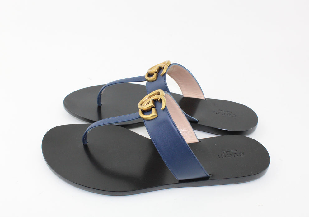 GUCCI LEATHER THONG SANDAL WITH DOUBLE G BLUE