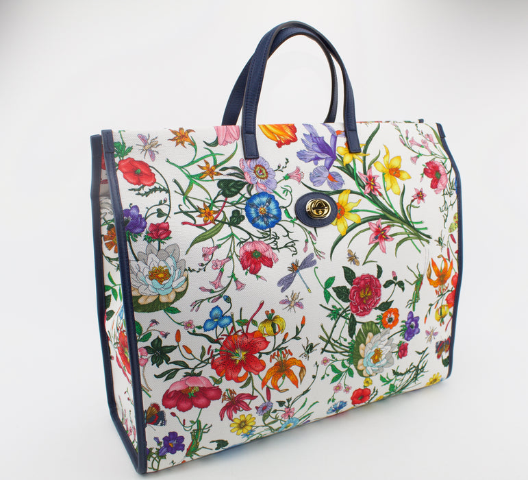 GUCCI FLORA LARGE LEATHER TRIMMED PRINTED CANVAS TOTE — LSC INC