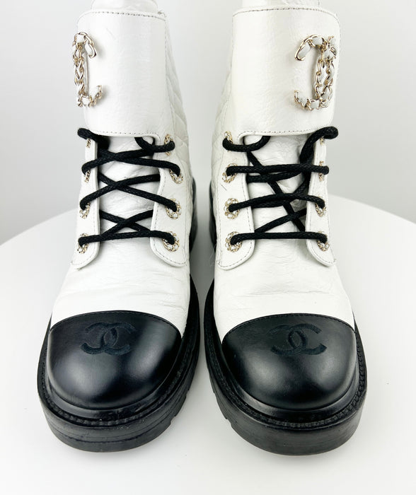 Chanel Women Lace Up Boots White and Black