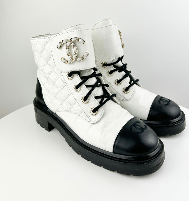 Chanel Women Lace Up Boots White and Black